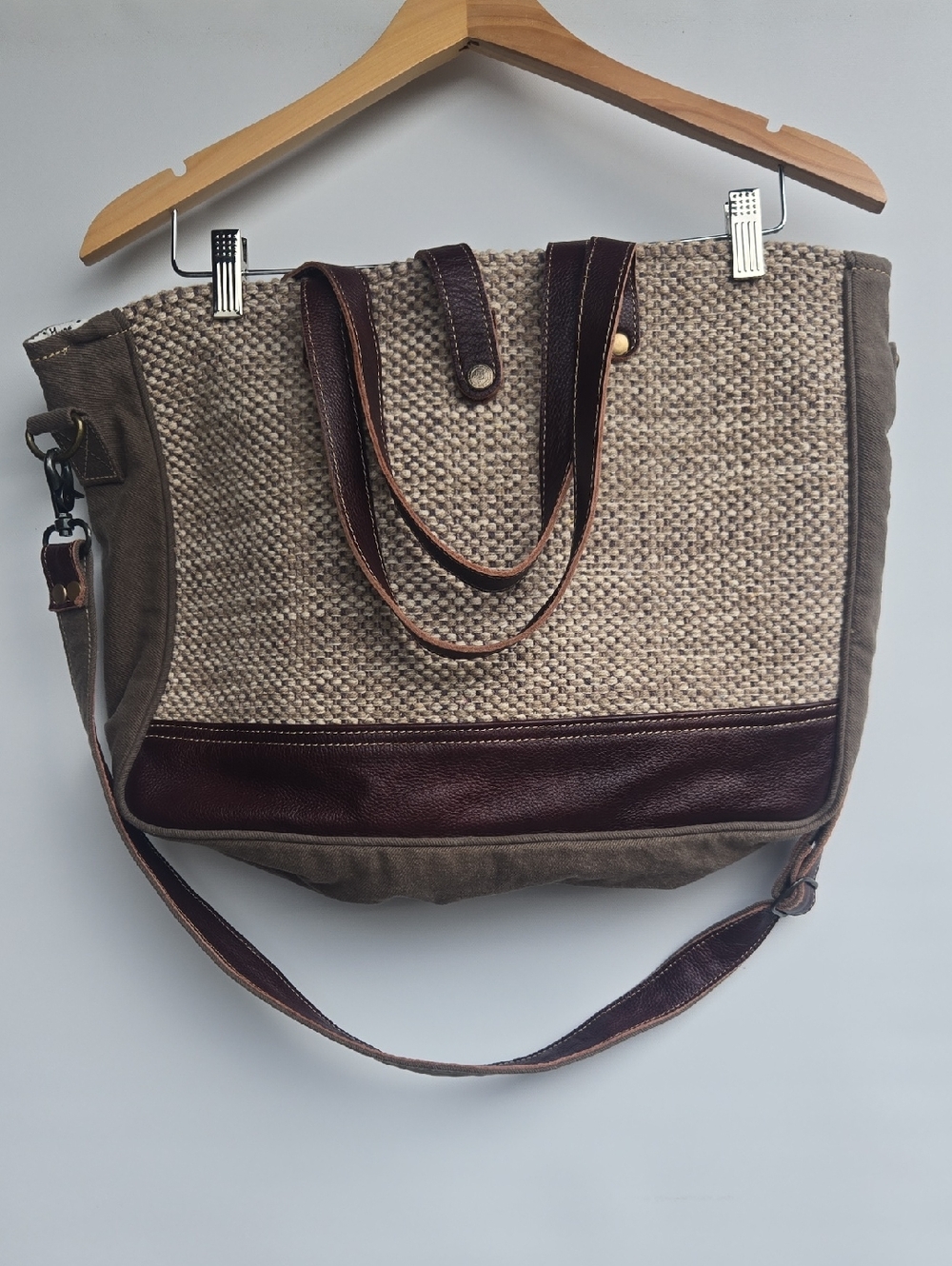 Large Carry All Myra Boho Beach Country Bag Green, Brown Leather